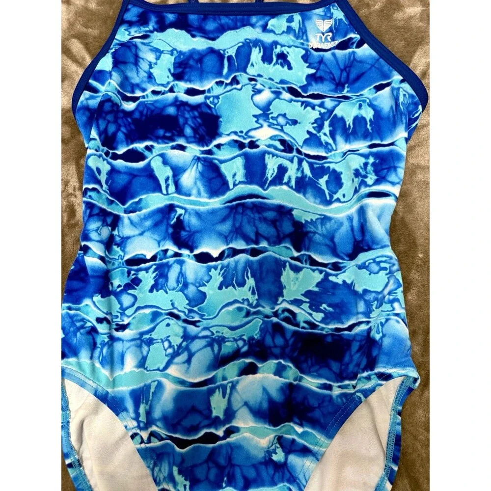 TYR Durafast Size 38 Blue Abstract Open Back Swimsuit Lap Training Competition